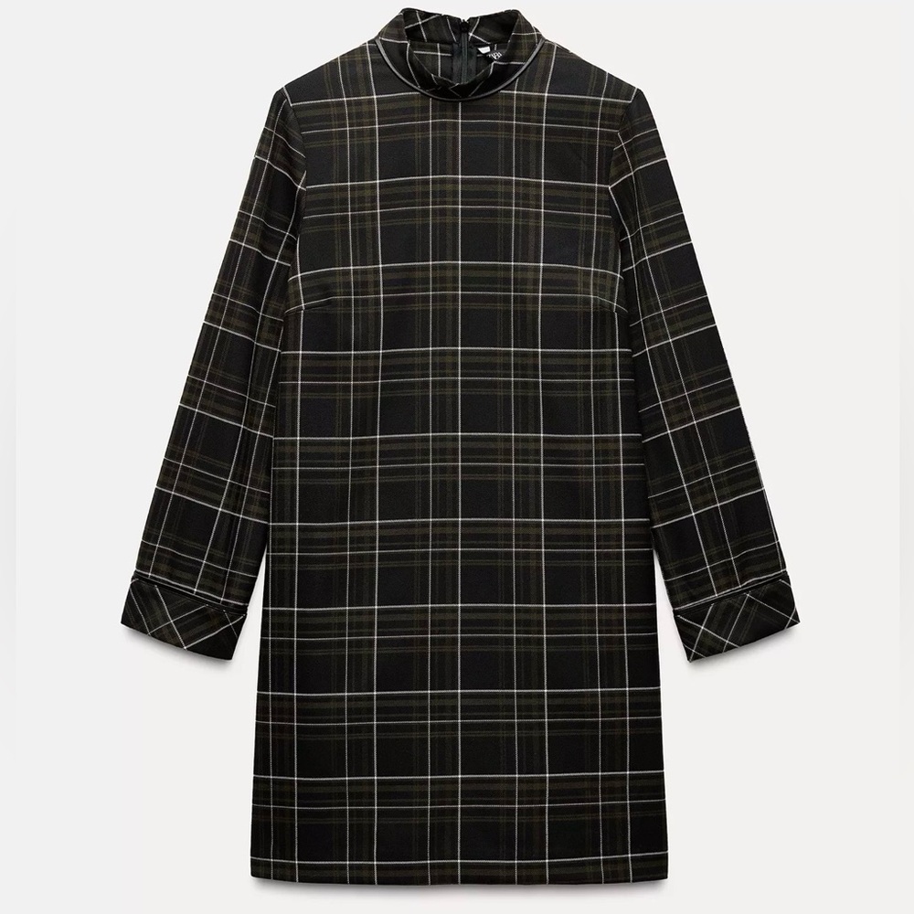 Plaid High-Neck Shift Dress in Black and Olive